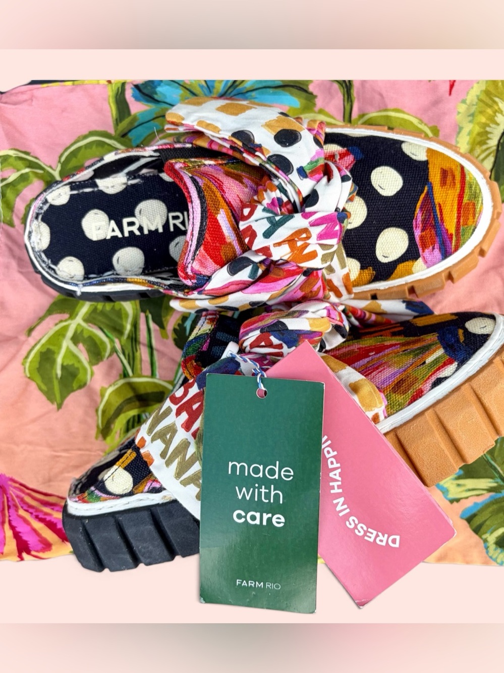 Farm Rio Bananatic Platform Mule Sneaker Sz 6 Polka Dot Bow Fruit Beach Resort